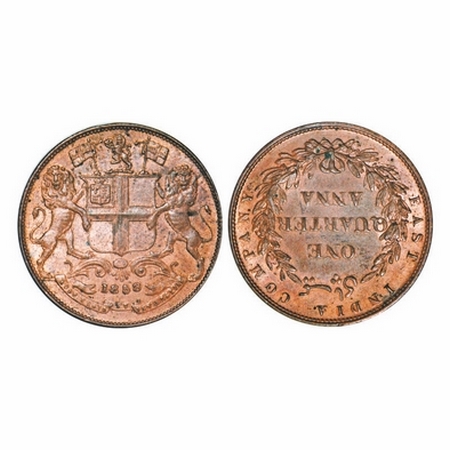 Victoria Queen, Copper, Quarter Anna, 1858, J. Watt & Co. Birmingham Mint, Single leaf, Ye