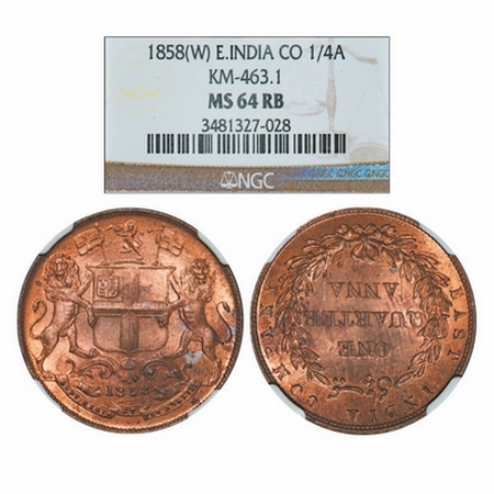 Victoria Queen, Copper, Quarter Anna, 1858, J.Watt & co, Birmingham Mint, Single leaf, Yea