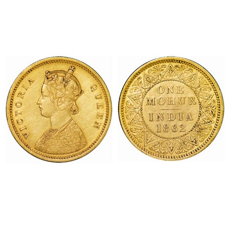 Victoria Queen, Gold, Mohur, 11.62g, 1862, Calcutta Mint, Obv: Single flower in bottom pan