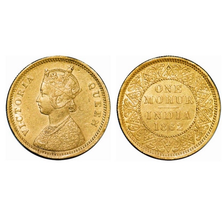 Victoria Queen, Gold, Mohur, 11.64g, 1862, Calcutta Mint, Obv: Single flower in bottom pan