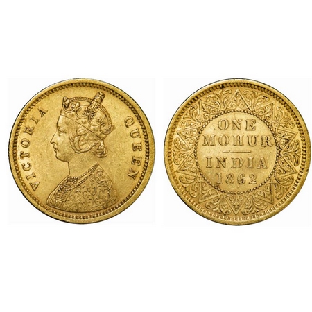Victoria Queen, Gold, Mohur, 1862, 11.68gm, Calcutta Mint, Obv: Single flower in bottom pa