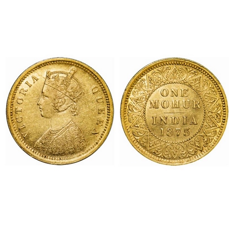 Victoria Queen, Gold, Mohur, 1875, 11.68gm, Calcutta Mint, Obv: Two flowers in bottom pane