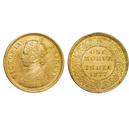 Victoria Empress, Gold, Mohur, 1877, 11.72gm, Calcutta Mint, Obv: Two flowers in bottom pa