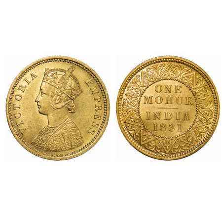 Victoria Empress, Gold, Mohur, 1881, 11.67gm, Calcutta Mint, Obv: Two flowers in bottom pa