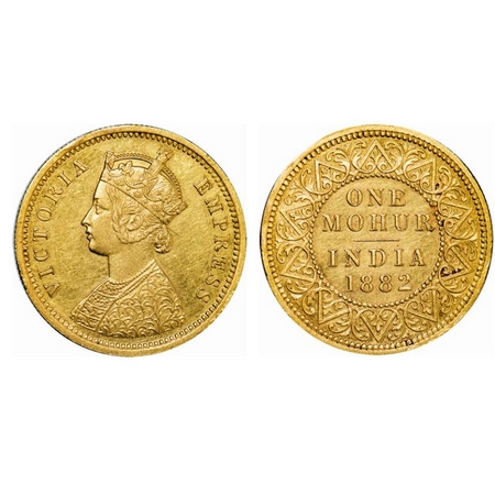 Victoria Empress, Gold, Mohur, 1882, 11.61gm, Calcutta Mint, Obv: Two flowers in bottom pa