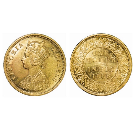 Victoria Empress, Gold, Mohur, 1885, 11.62gm, Calcutta Mint, Obv: Two flowers in bottom pa