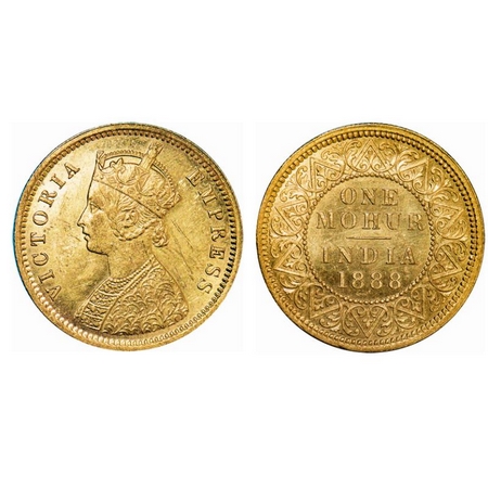 Victoria Empress, Gold, Mohur, 1888, 11.63gm, Calcutta Mint, Obv: Two flowers in bottom pa