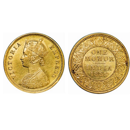 Victoria Empress, Gold, Mohur, 1889, 11.58gm, Calcutta Mint, Obv: Two flowers in bottom pa