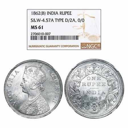 Victoria Queen, Silver, Rupee, 1862, Bombay Mint, B/II/2/0. GK 287. NGC Slabbed MS 61. Ver