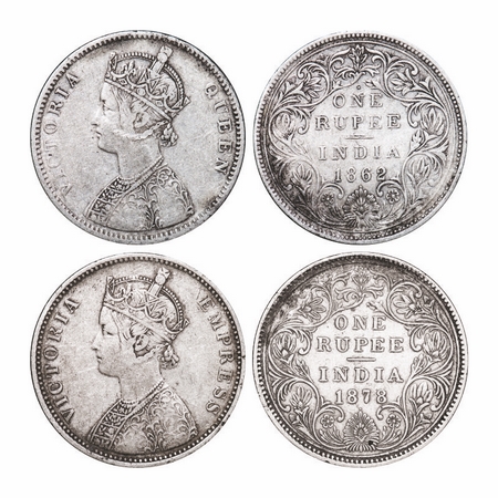 Victoria Queen & Empress, Silver, Rupee, (2 coins), 1) 1862, Bombay Mint, A/II/1/1, with i