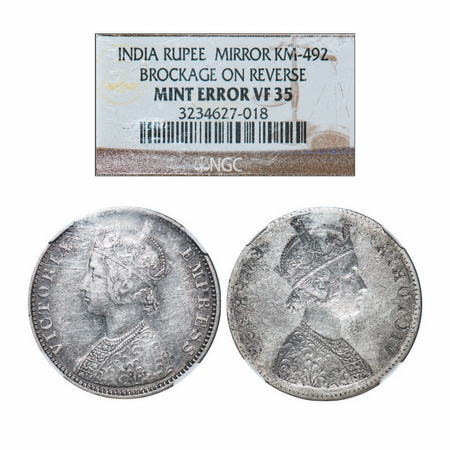 Victoria Empress, Silver, Rupee, Error, Obv brockage. NGC Slabbed Mint error VF 35. Rare.