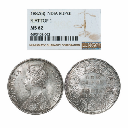 Victoria Empress, Silver, Rupee, 1882, Bombay Mint, A3/I, Dot. GK 474. NGC Slabbed MS 62. 