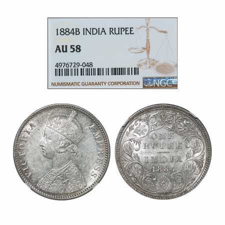 Victoria Empress, Silver, Rupee, 1884, Bombay Mint, A3/II(i), 'B' raised(bottom). GK 487. 