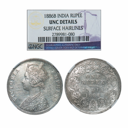 Victoria Empress, Silver, Rupee, 1886, Bombay Mint, C2/I, 'B' incused. GK 523. NGC Slabbed