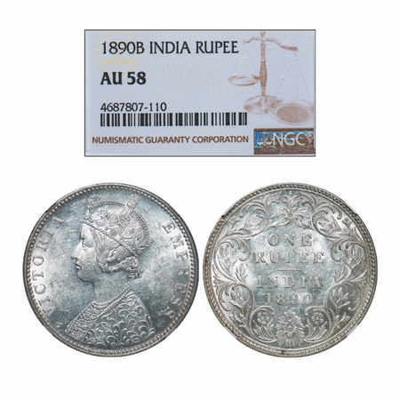 Victoria Empress, Silver, Rupee, 1890, Bombay Mint, C2/I, 'B' incused. GK 566. NGC Slabbed