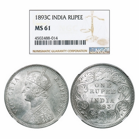 Victoria Empress, Silver, Rupee, 1893, Calcutta Mint, C3/I(i), 'C' incused. GK 580. NGC Sl