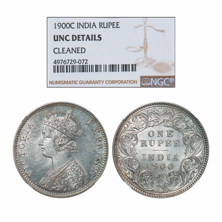 Victoria Empress, Silver, Rupee, 1900, Calcutta Mint, C3/I(i), 'C' incused. GK 590. NGC Sl