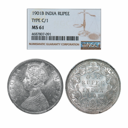 Victoria Empress, Silver, Rupee, 1901, Bombay Mint, C2(ii)/I, 'B' incused. GK 596. NGC Sla