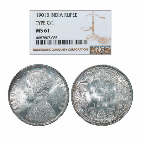 Victoria Empress, Silver, Rupee, 1901, Bombay Mint, C2(ii)/I, 'B' incused. GK 596. NGC Sla