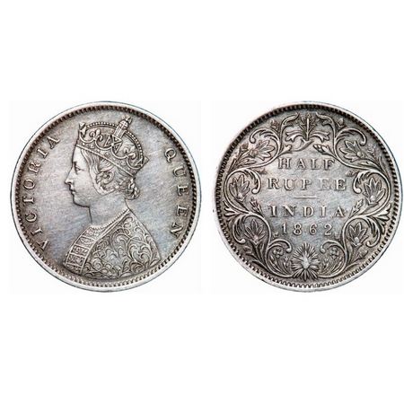Victoria Queen, Silver, Half Rupee, 1862, Bombay Mint, B1/II, Round Pearls, 5 petals flowe