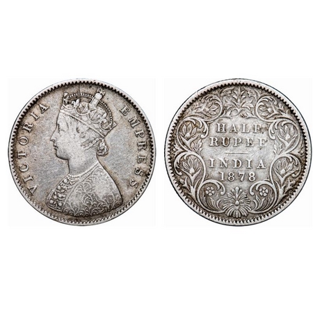 Victoria Empress, Silver, Half Rupee, 1878, Calcutta Mint, A/I, No mint mark, Ex-Mount on 