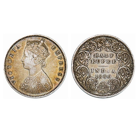 Victoria Empress, Silver, Half Rupee, 1880, Calcutta Mint, A/I, 'C' incused. GK 614. Very 