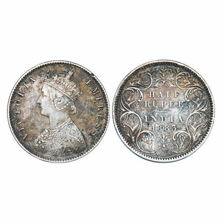 Victoria Empress, Silver, Half Rupee, 1883, Calcutta Mint, A/I, 'C' incused, A nick on obv
