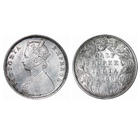Victoria Empress, Silver, Half Rupee, 1888, Bombay Mint, A/II(i), 'B' raised, Big B. GK 64