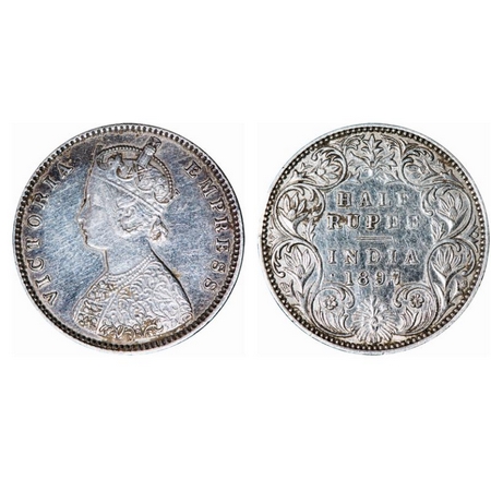 Victoria Empress, Silver, Half Rupee, 1897, Bombay Mint, A/I, 'B' incused. GK 655. Extreme