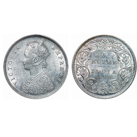 Victoria Empress, Silver, Half Rupee, 1899, Bombay Mint, A/I, 'B' incused, 'B' incused inv