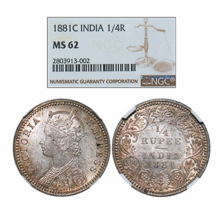 Victoria Empress, Silver, 1/4 Rupee, 1881, Calcutta Mint, C/II, 'C' incused. GK 680. NGC S