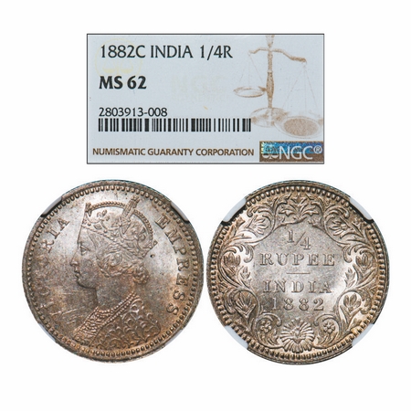 Victoria Empress, Silver, 1/4 Rupee, 1882, Calcutta Mint, C/II, 'C' incused. GK 687. NGC S
