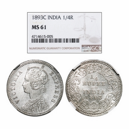 Victoria Empress, Silver, 1/4 Rupee, 1893, Calcutta Mint, C/II, 'C' incused. GK 725. NGC S