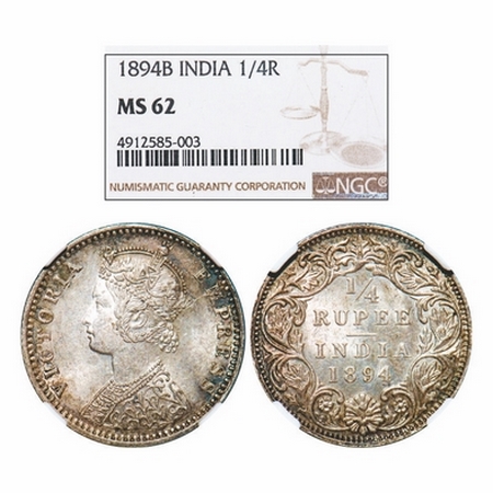 Victoria Empress, Silver, 1/4 Rupee, 1894, Bombay Mint, C(i)/I, 'B' incused. GK 726. NGC S