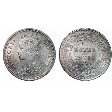 Victoria Empress, Silver, 1/4 Rupee, 1894, Calcutta Mint, C/II, 'C' incused. GK 727. Almos
