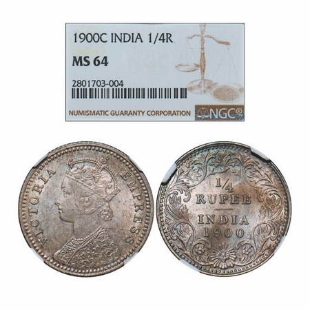 Victoria Empress, Silver, 1/4 Rupee, 1900, Calcutta Mint, C/II, 'C' incused. GK 736. NGC S
