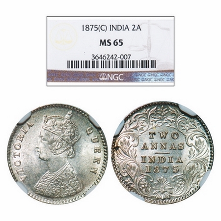 Victoria Queen, Silver, 2 Annas, 1875, Calcutta Mint, A/I, No mint mark. GK 742. NGC Slabb