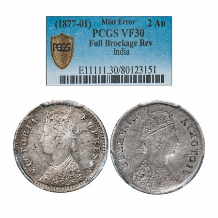 Victoria Empress, Silver, 2 Annas, Error, Obv brockage. PCGS Slabbed VF 30. Rare.