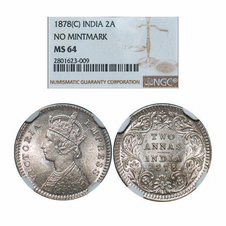 Victoria Empress, Silver, 2 Annas, 1878, Calcutta Mint, B/II, No mint mark. GK 751. NGC Sl