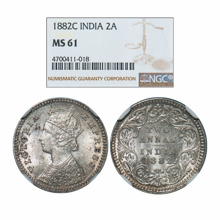 Victoria Empress, Silver, 2 Annas, 1882, Calcutta Mint, B/II, 'C' incused. GK 763. NGC Sla