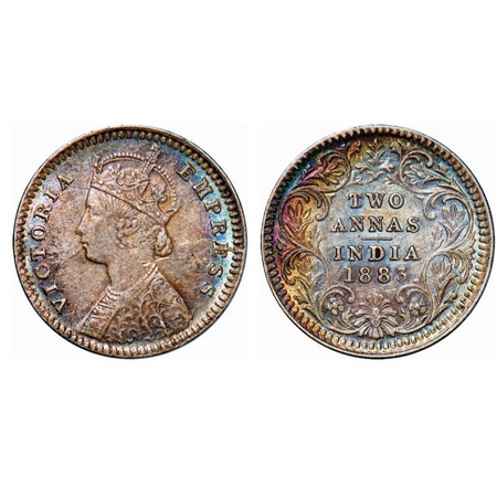 Victoria Empress, Silver, 2 Annas, 1883, Calcutta Mint, B/II, 'C' incused, Die crack on Ob