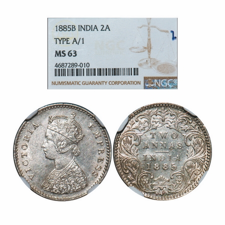 Victoria Empress, Silver, 2 Annas, 1885, Bombay Mint, A/I, 'B' raised. GK 777. NGC Slabbed