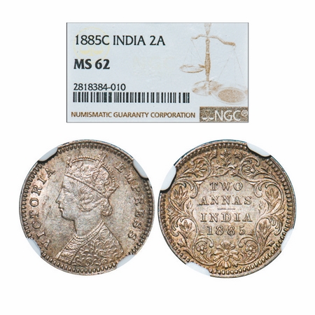 Victoria Empress, Silver, 2 Annas, 1885, Calcutta Mint, B/II, 'C' incused. GK 779. NGC Sla