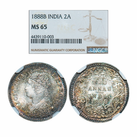 Victoria Empress, Silver, 2 Annas, 1888, Bombay Mint, B/II, 'B' incused. GK 785. NGC Slabb