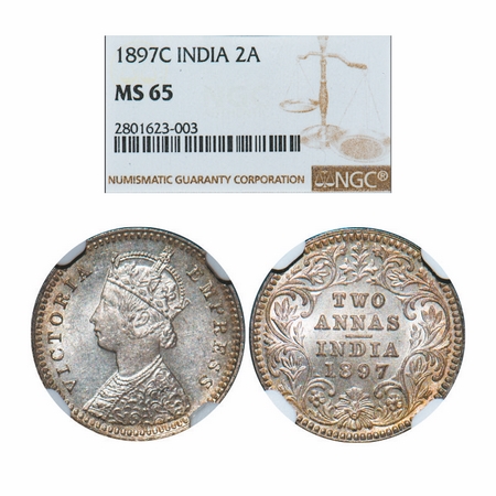 Victoria Empress, Silver, 2 Annas, 1897, Calcutta Mint, B/II, 'C' incused. GK 807. NGC Sla