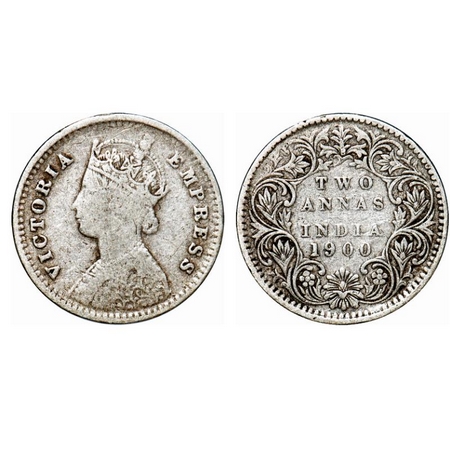 Victoria Empress, Silver, 2 Annas, 1900, Bombay Mint, B/I, 'B' raised. GK 812. Fine. Scarc
