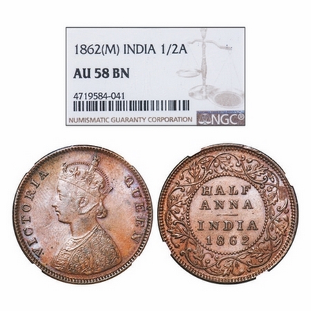 Victoria Queen, Copper, Half Anna, 1862, Madras Mint, A/I(i), Flowers with Five dots aroun