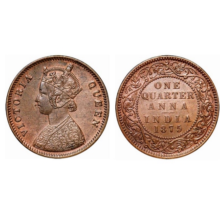Victoria Queen, Copper, Quarter Anna, 1875, Bombay Mint, A/I, No mint mark. GK 824. Nick o