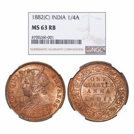 Victoria Empress, Copper, Quarter Anna, 1882. Calcutta Mint, B/II, 'C' incused. GK 835. NG
