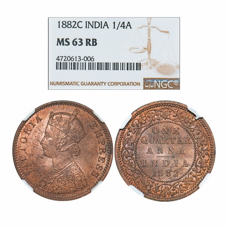 Victoria Empress, Copper, Quarter Anna, 1882, Calcutta Mint, B/II, 'C' incused. GK 835. NG